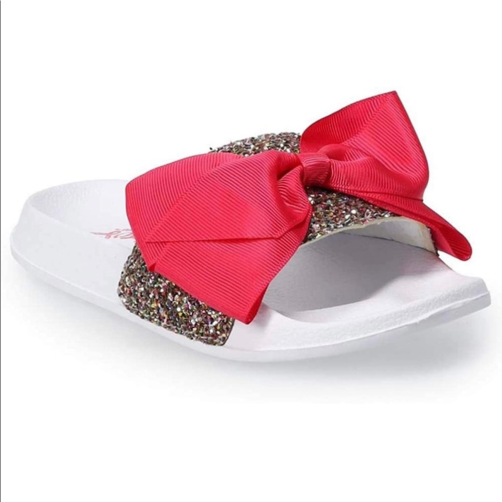 NWT JoJo Siwa Rainbow glitter big bow slides sandals L girls 2-3